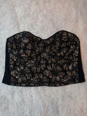 Vintage La Lingerie Metallic Floral‎ Lace Bustier Corset Top L